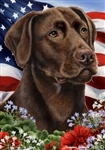 Chocolate Labrador In A Field Of Flowers With An American Flag Behind The Dog Garden Flag Art Work Is By Tamara Burnett