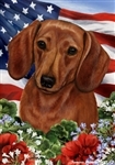 Red Dachshund In A Field Of Flowers With An American Flag Behind The Dog Garden Flag Art Work Is By Tamara Burnett