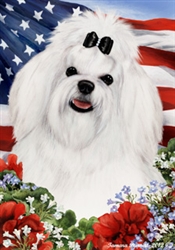 Maltese In A Field Of Flowers With An American Flag Behind The Dog House Flag Art Work Is By Tamara Burnett
