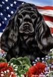 Black Cocker Spaniel In A Field Of Flowers With An American Flag Behind The Dog Garden Flag Art Work Is By Tamara Burnett