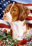Brittany Spaniel In A Field Of Flowers With An American Flag Behind The Dog Garden Flag Art Work Is By Tamara Burnett