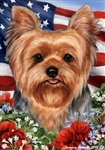 Puppy Cut Yorkie In A Field Of Flowers With An American Flag Behind The Dog Garden Flag Art Work Is By Tamara Burnett