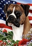 Fawn Uncropped Boxer In A Field Of Flowers With An American Flag Behind The Dog Garden Flag Art Work Is By Tamara Burnett
