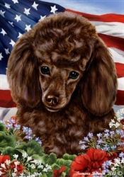 Chocolate Poodle In A Field Of Flowers With An American Flag Behind The Dog Garden Flag Art Work Is By Tamara Burnett