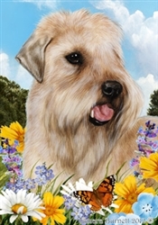 Soft Coated Wheaten Terrier In A Field Of Summer Flowers Garden Flag Art Work Is By Tamara Burnett