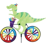 T-Rex On A Bicycle Garden Spinner with colorful wheels that spin in a gentle breeze. All hardware included.