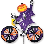 Pumpkin Ghost On A Bicycle Garden Spinner with colorful wheels that spin in a gentle breeze. All hardware included.