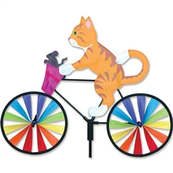 Orange Tabby Kitty on a Small Bicycle Garden Spinner with wheels that spin in a gentle breeze. All hardware included.