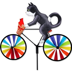 Tuxedo Cat On A Small Bicycle Garden Spinner with wheels that spin in a gentle breeze. All hardware included.
