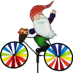Gnome On A Small Bicycle Garden Spinner with wheels that spin in a gentle breeze. All hardware included.