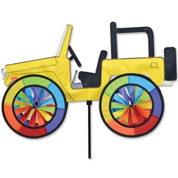 Yellow Jeep Garden Spinner with wheels that spin in a gentle breeze. All hardware included.