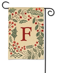 Holly Berries Monogram F Garden on a Breeze Art spring or summer garden flag.