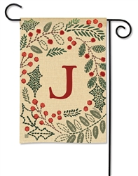 Holly Berries Monogram J Garden on a Breeze Art spring or summer garden flag.