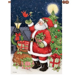Santa With Cardinals Elite House Flag by Premier Kites.