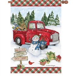 Red Truck Snowman Elite House Flag by Premier Kites.