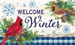 Winter Cardinals on this Custom Décor indoor outdoor mat. Printed in the USA.