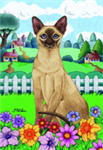 Siamese cat sitting in the grass with flowers garden flag.