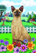 Siamese cat sitting in the grass with flowers garden flag.