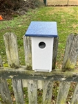 White Blue Bird House with navy roof made of composite material.  Hand made by a craftsman in the USA.