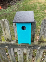 Teal Blue Bird House with a black roof made of composite material.  Hand made by a craftsman in the USA.