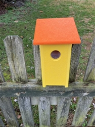 Yellow Blue Bird House with an orange roof made of composite material.  Hand made by a craftsman in the USA.