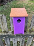 Purple Blue Bird House with a cedar color roof made of composite material.  Hand made by a craftsman in the USA.