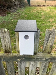 White Blue Bird House with a black roof made of composite material.  Hand made by a craftsman in the USA.