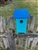 Teal Blue Bird House with a blue roof made of composite material.  Hand made by a craftsman in the USA.