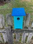 Teal Blue Bird House with a blue roof made of composite material.  Hand made by a craftsman in the USA.