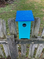 Teal Blue Bird House with a blue roof made of composite material.  Hand made by a craftsman in the USA.