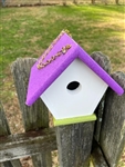 White Wren House with a purple roof made of composite material.  Hand made by a craftsman in the USA.