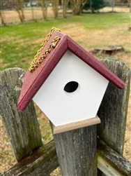 White Wren House with a cherry roof made of composite material.  Hand made by a craftsman in the USA.