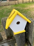White Wren House with a yellow roof made of composite material.  Hand made by a craftsman in the USA.