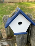 White Wren House with a navy roof made of composite material.  Hand made by a craftsman in the USA.