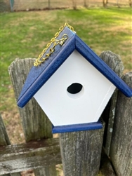 White Wren House with a navy roof made of composite material.  Hand made by a craftsman in the USA.