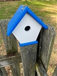 White Wren House with a blue roof made of composite material.  Hand made by a craftsman in the USA.