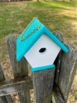 White Wren House with a teal roof made of composite material.  Hand made by a craftsman in the USA.
