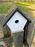 White Wren House with a black roof made of composite material.  Hand made by a craftsman in the USA.