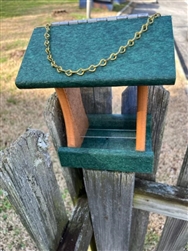 Cedar And Green Bird Feeder made of composite material. Holds 1 quart of seed. Hand made by a craftsman in the USA.