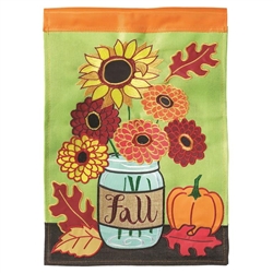 Fall Mason Jar Burlap Applique on this Magnolia Garden house flag.