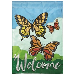Butterflies Welcome Applique on this Magnolia Garden house flag.
