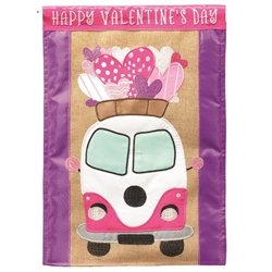 Happy Valentine's Day Bus Applique Magnolia Garden house flag.