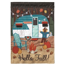 Hello Fall Camper Burlap Applique on this Magnolia Garden, garden flag.