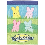 Welcome Bunnies Applique on this Magnolia Garden, garden flag.