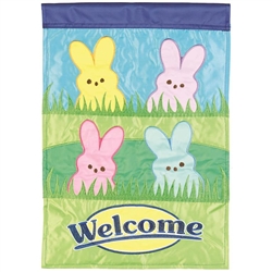 Welcome Bunnies Applique on this Magnolia Garden, garden flag.