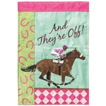 And They're Off Derby Applique Garden Flag by Magnolia Garden.