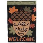 Fall Acorns All Nuts Welcomes Applique on this Magnolia Garden, garden flag.