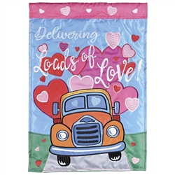 Delivering Loads Of Love Applique on this Magnolia Garden, garden flag.