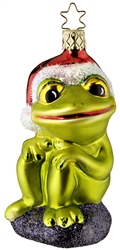Merry Ribbit Glass German Ornament hand carved and hand painted. Made in Germany.