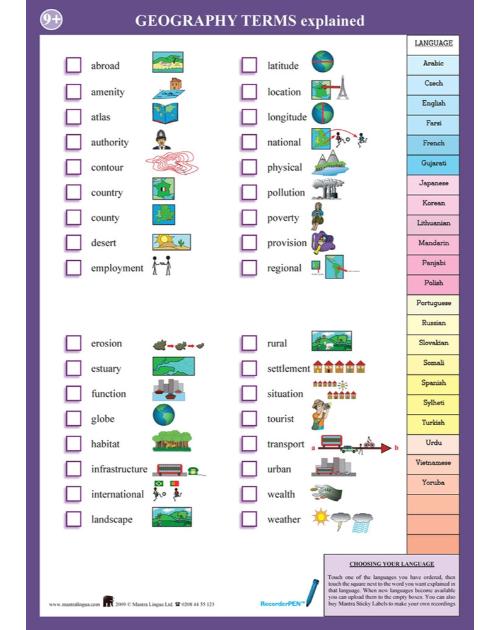 Geography Terms - Multilingual Talking Chart - includes geography terms in Spanish, English, Arabic, Somali, Turkish and many other languages. Terms include contour, erosion, habitat, latitude, pollution and more.